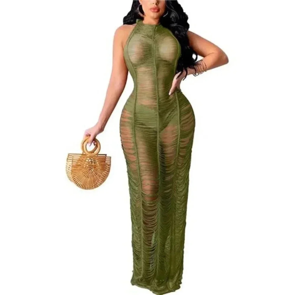 Women Sexy Halter Sleeveless Mesh See Through Crochet Maxi Long Dress Backless